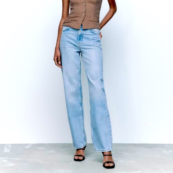 Zara Premium Denim Straight Leg Jeans Sz 4 Medium Wash High Rise - Picture 1 of 15